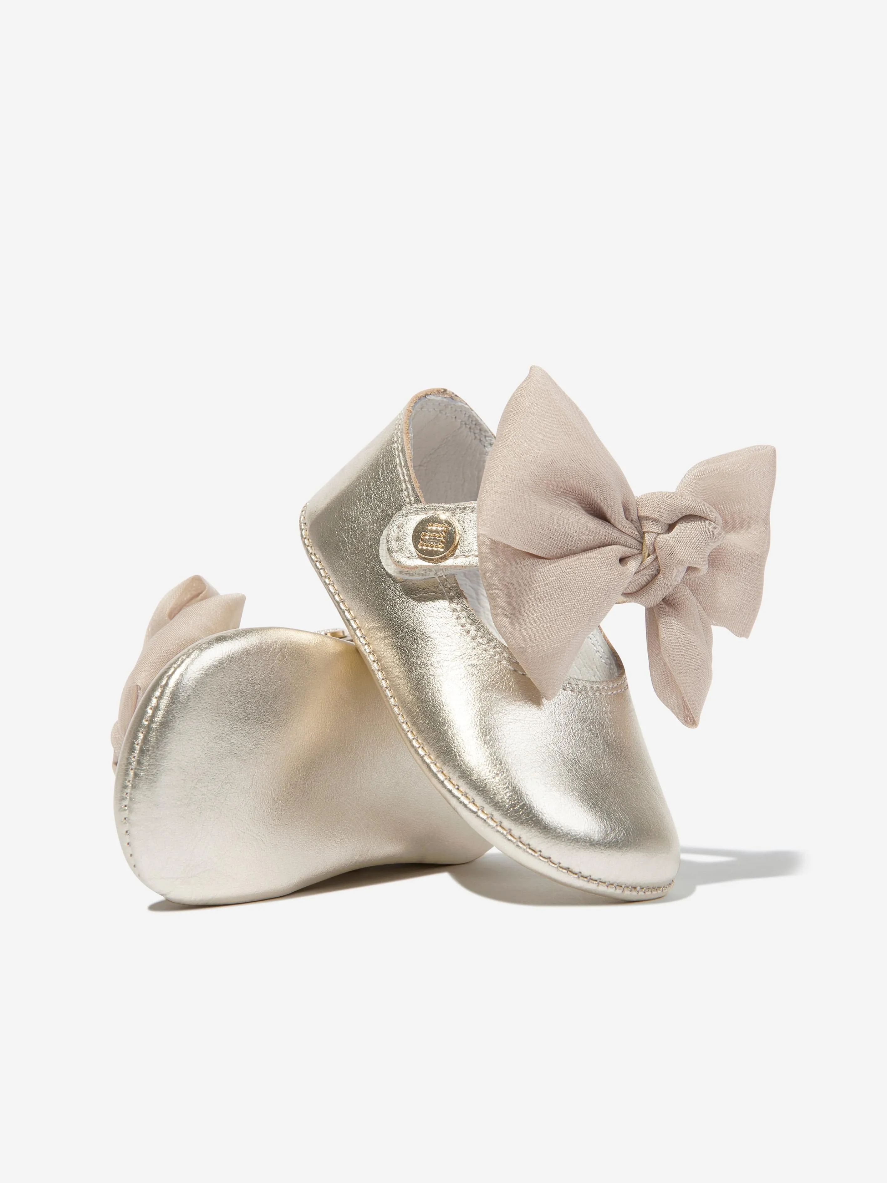 Andanines Baby Girls Leather Bow Shoes in Gold