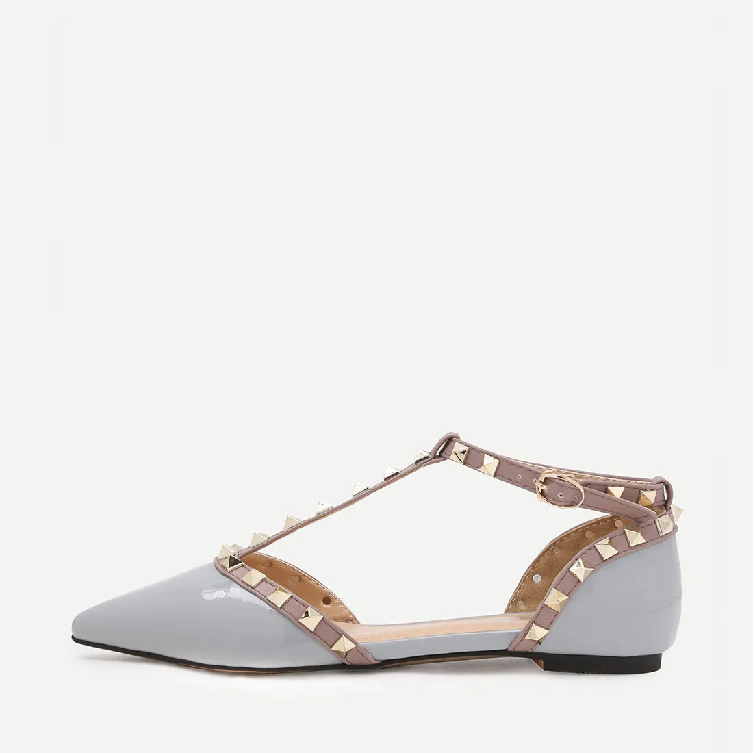 Cheap Grey Faux Patent Studded T-Strap Flats