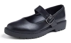 Feversole Women's Fashion Trim Deco Loafer Flats Black Vegan Leather Back Strap Buckle