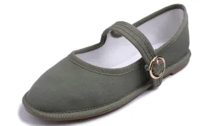 Feversole Women's Soft Breathable Mary Jane Memory Foam Cushioned Comfort Round Toe Metal Buckle Flats Walking Shoes Khaki Green Canvas