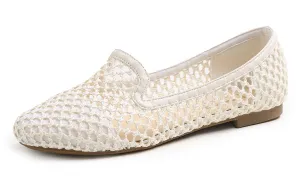 Feversole Women's Woven Fashion Breathable Knit Flat Shoes Cream White Mesh Loafer