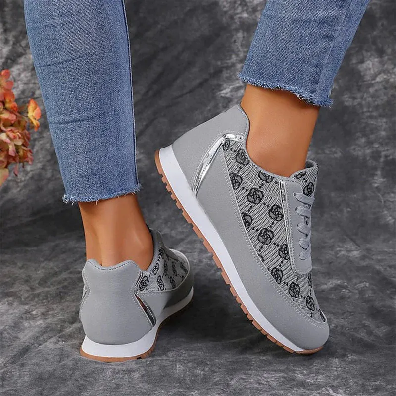 Flower Print Lace-Up Sneakers for Women