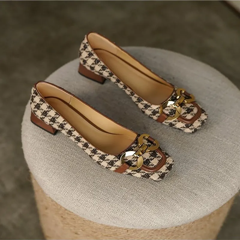 Luxurious Houndstooth Pattern Square Toe Shoes for Women