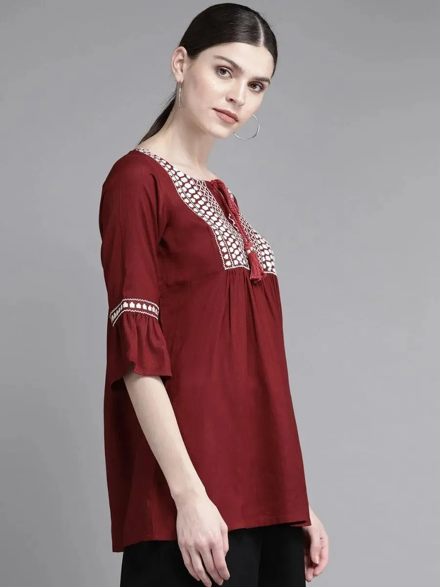 Maroon Embroidered Rayon Kurti