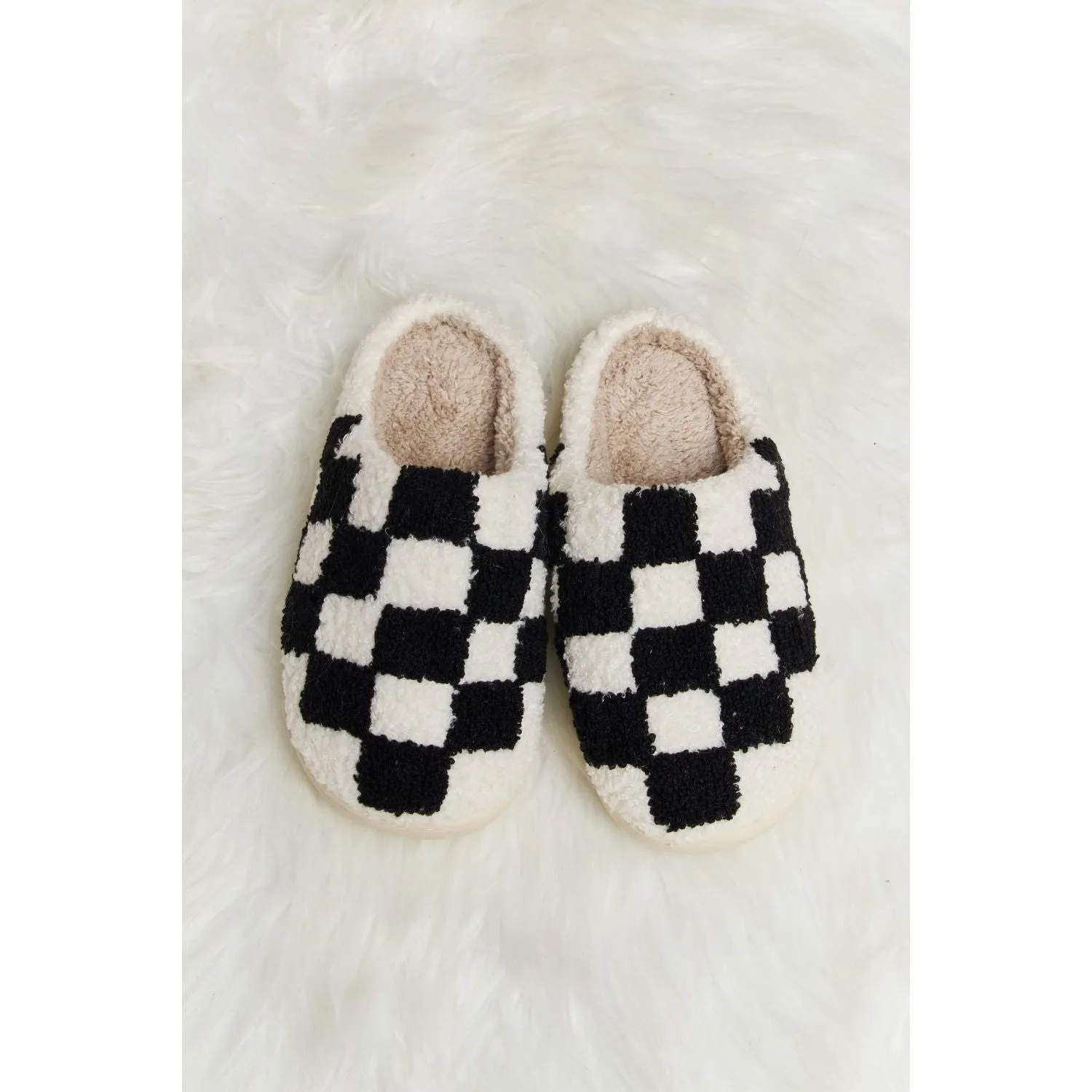 Melody Checkered Print Plush Slide Slippers