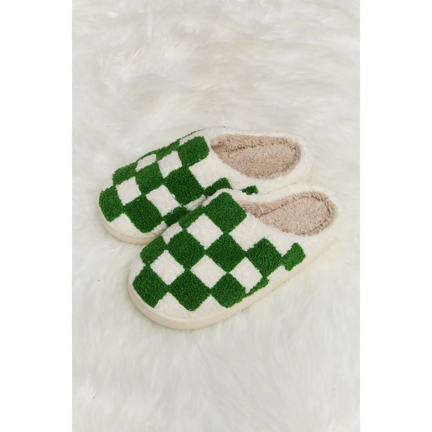 Melody Checkered Print Plush Slide Slippers