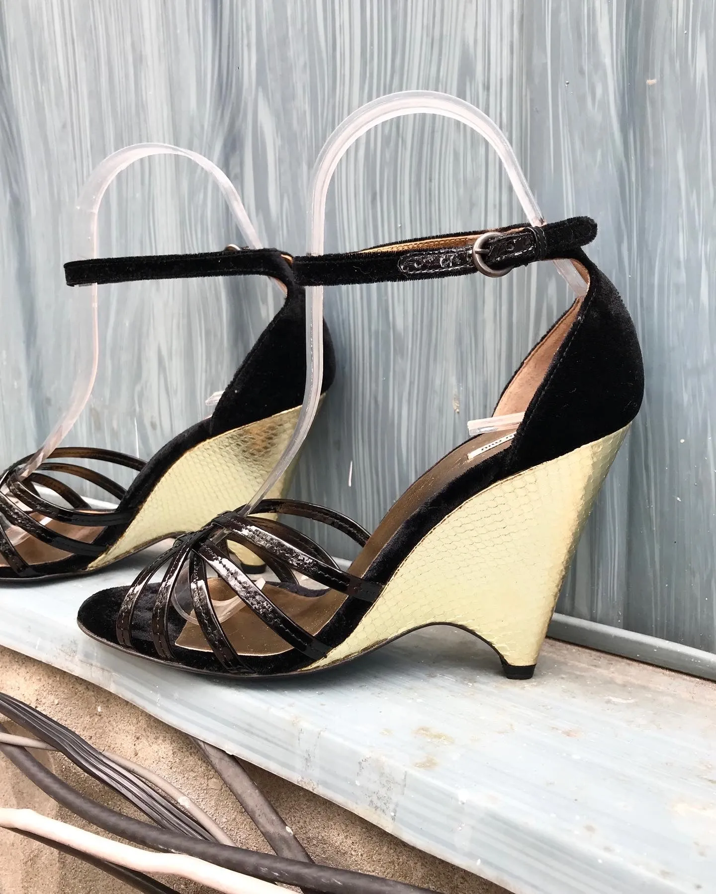 MIU MIU Patent Leather Velvet Gold Wedge Heels