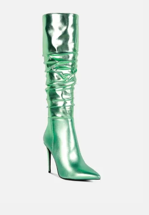 NEW-EXPRESSION Mint Green Metallic Ruched Stiletto Knee Boots