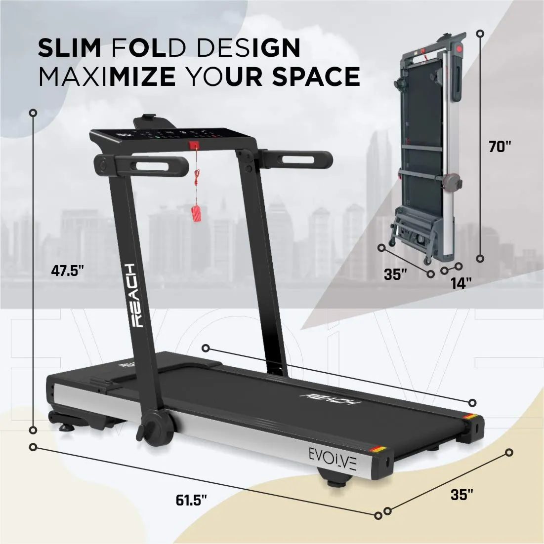 Reach Evolve 6 HP Peak | For Running Walking & Jogging with Auto Incline | 90 Degree Foldable Treadmill for Home Gym | Fitness Machine with LCD Display & Bluetooth | 15 Preset Workouts for Cardio | 16 km/hr Max User Weight 110 kgs