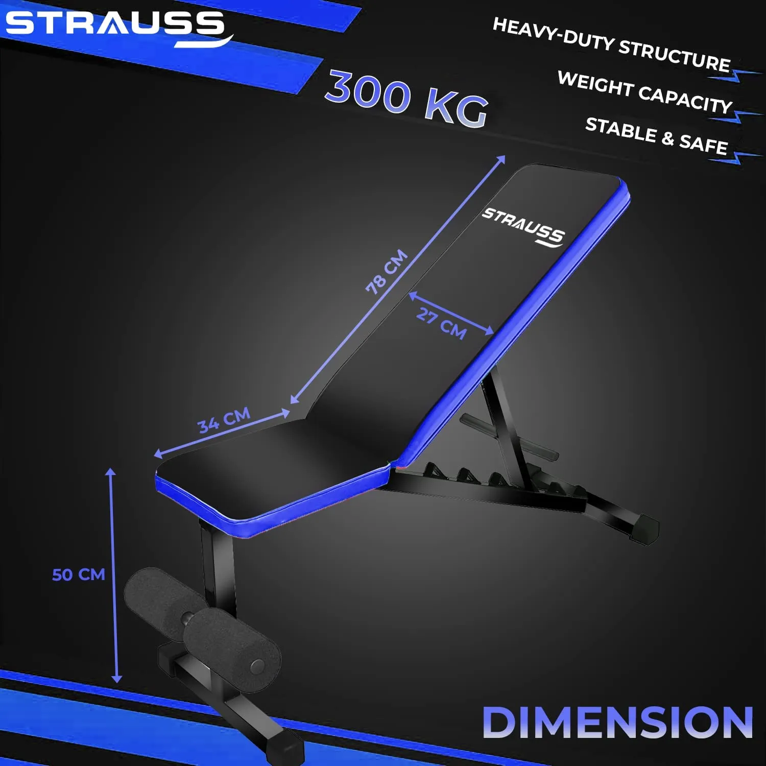 Strauss Adjustable Heavy Duty Workout Gym Bench | Home Gym Bench for Multipurpose Exercises | Incline Decline Bench with 7 Positions | Fitness Bench for Bench Press, Chest Press,(Black/Blue)