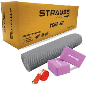 Strauss Yoga Mat 6mm Grey With Yoga Block And Belt