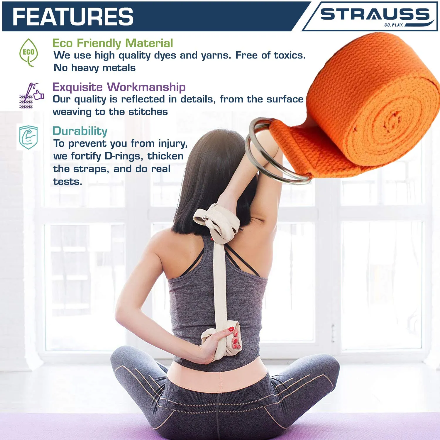 Strauss Yoga Strap & Stretching Belt | Ideal for Yoga, Pilates, Therapy, Dance, Gymnastics & Flexibility | 60% Thicker Belt with Extra Safe Adjustable Metal D-Ring Buckle | Eco-Friendly, 8 feet (Orange)