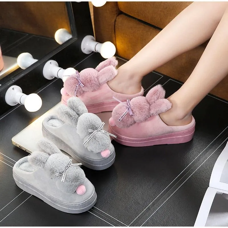 Women Rabbit Indoor Soft Faux Fur Plush Slippers