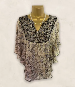 Zara  Black & Cream Sheer Chiffon Floral Top Size M UK 12 US 8 EU 40